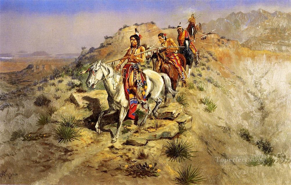 En pie de guerra 1895 Charles Marion Russell Los indios americanos Pintura al óleo
